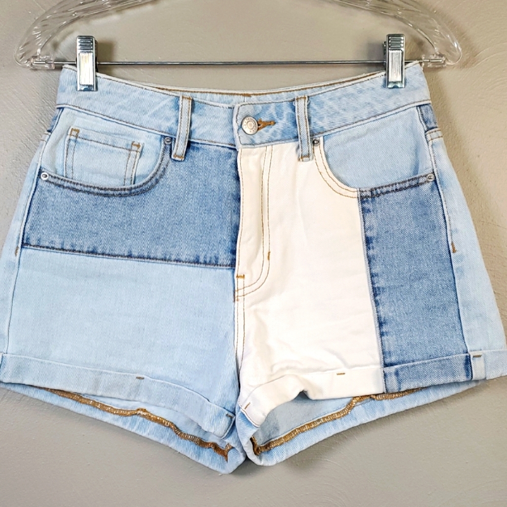 PacSun Light Blue and White Patchwork Jean Shorts. Size 25